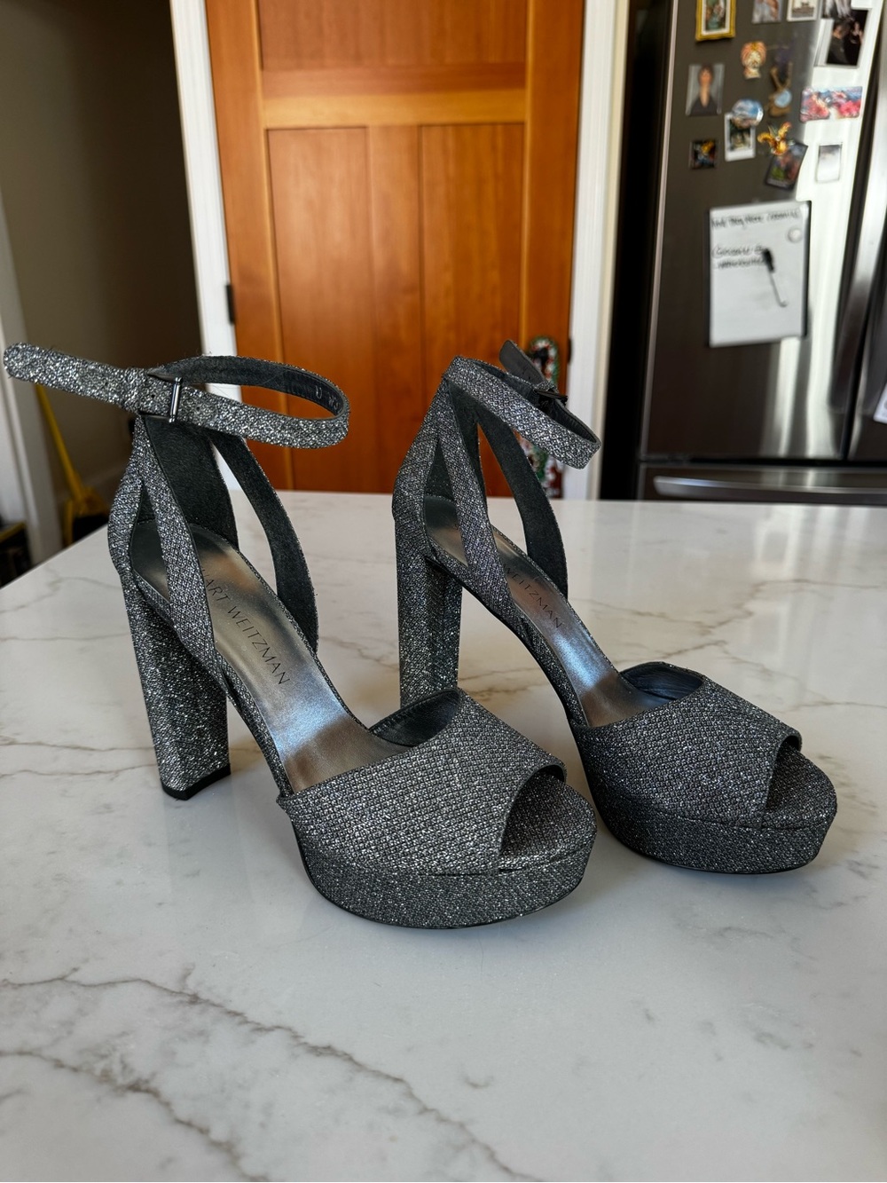 Stuart Weitzman Gunmetal Glitter Platform Ankle-Strap Heels